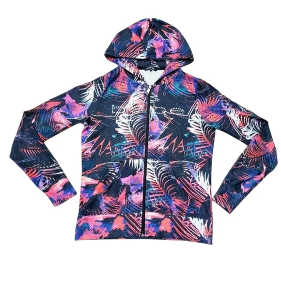 BEBE SPORT Abstract Print Colorful Floral Bling Zip Up Hoodie Womans Size Medium - Picture 3 of 12